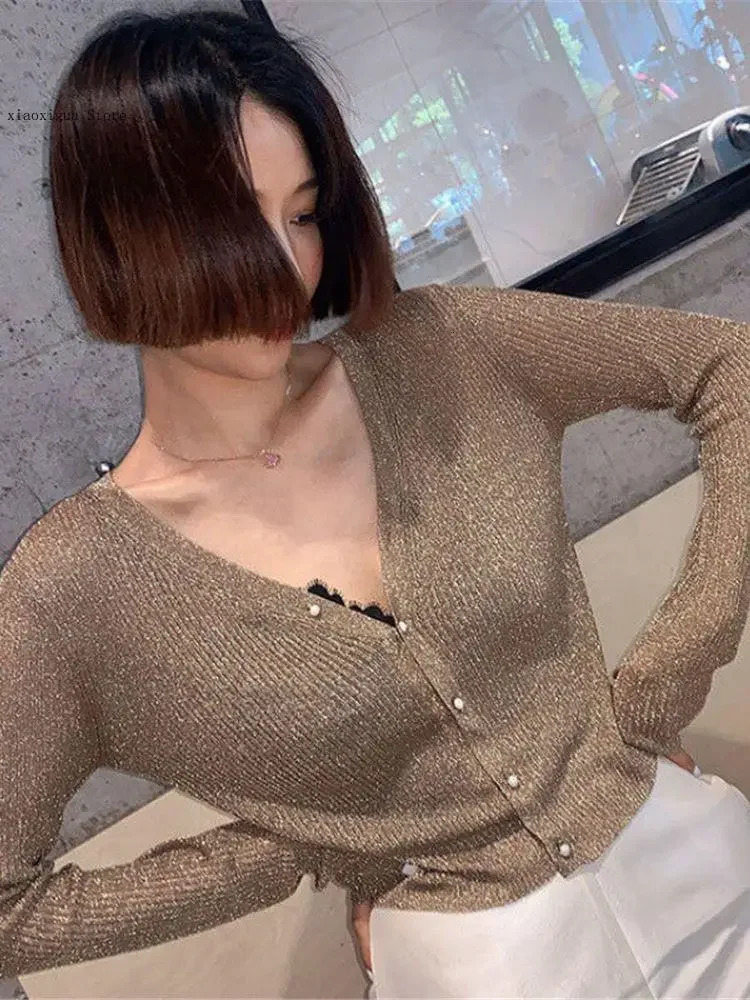 2025 Pearl Button Womens Bright Silk Thin Sweater Coat Sexy VNeck Knitted Sweater Top Gold and Silver Knitted Cardigan 251013