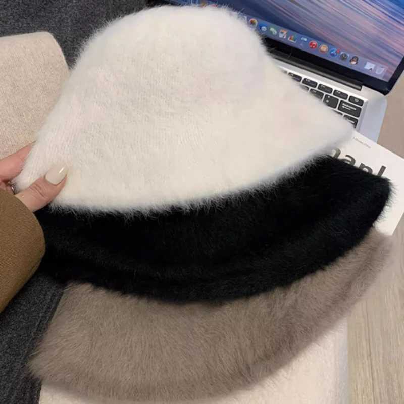 2024 Bucket Hat Plush Rabbit Fur Bucket Hats Soft Warm Women Winter White Black Knitted Fisherman Hat Soft Warm Basin Bucket HatL251024