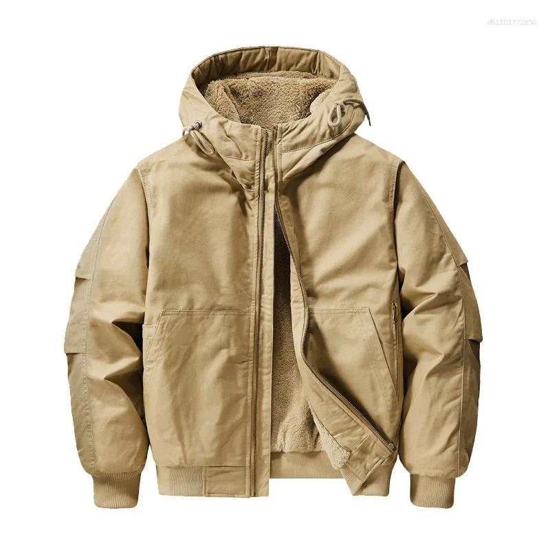 Men's Jackets Mens Thickened Cotton Jacket Winter Warm Velvet Lined Workwear Flight Short Hooded Plus Size Casual Outerwear For Men