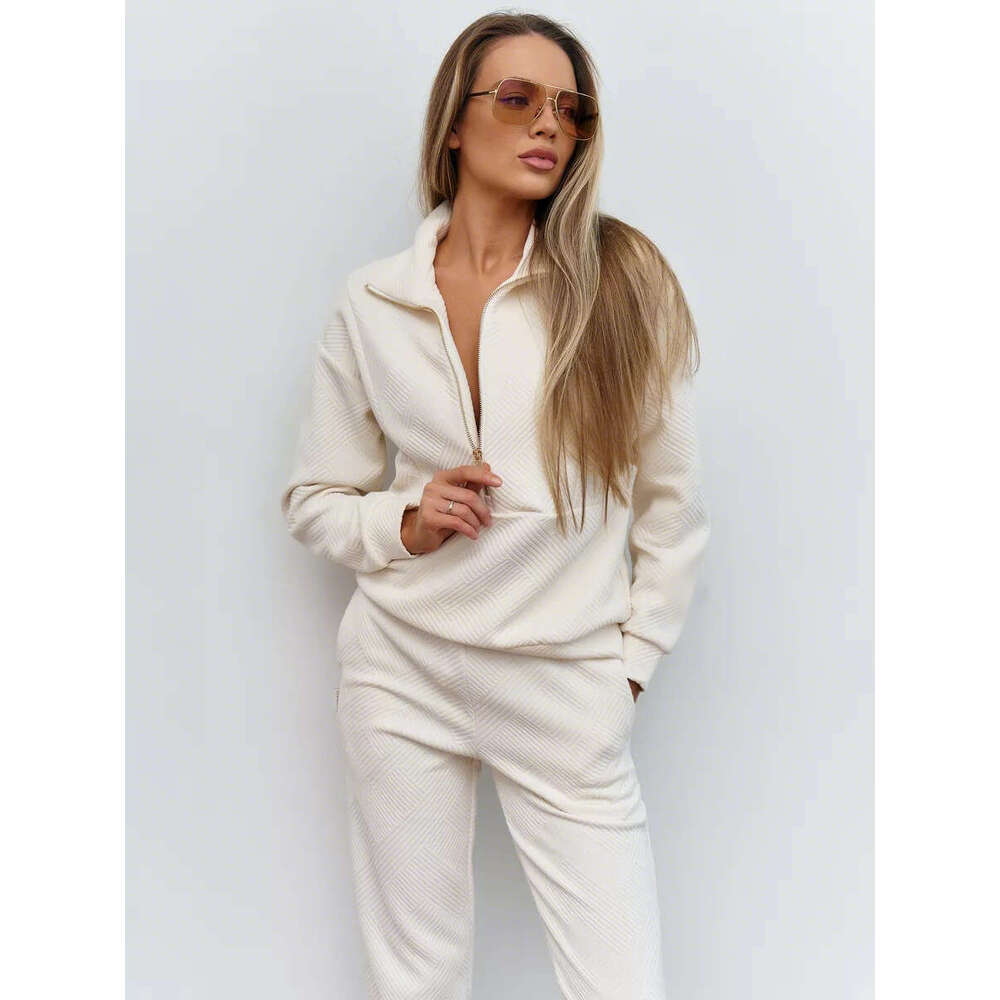 Casual Women's Solid Color Long Sleeve Zipper Loose Top with Drawstring Pants Two-Piece Set