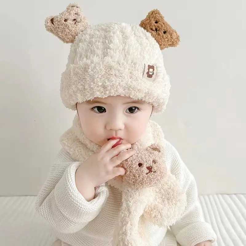 Winter Baby Plush Hat Scarf Set Cartoon Bear Beanies Warm Velvet Infant Neckerchief 624Month Kids Ear Protection Pullover CapL251024