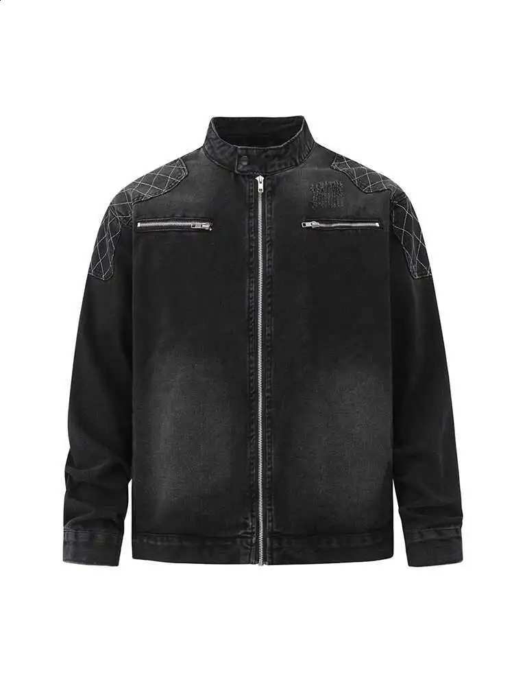 SYUHGFA 2025 Autumn Stand Collar Solid Color Mens Wear Denim Jackets Zipper Patchwork Korean Style Casual Loose Short Male Coat 251017