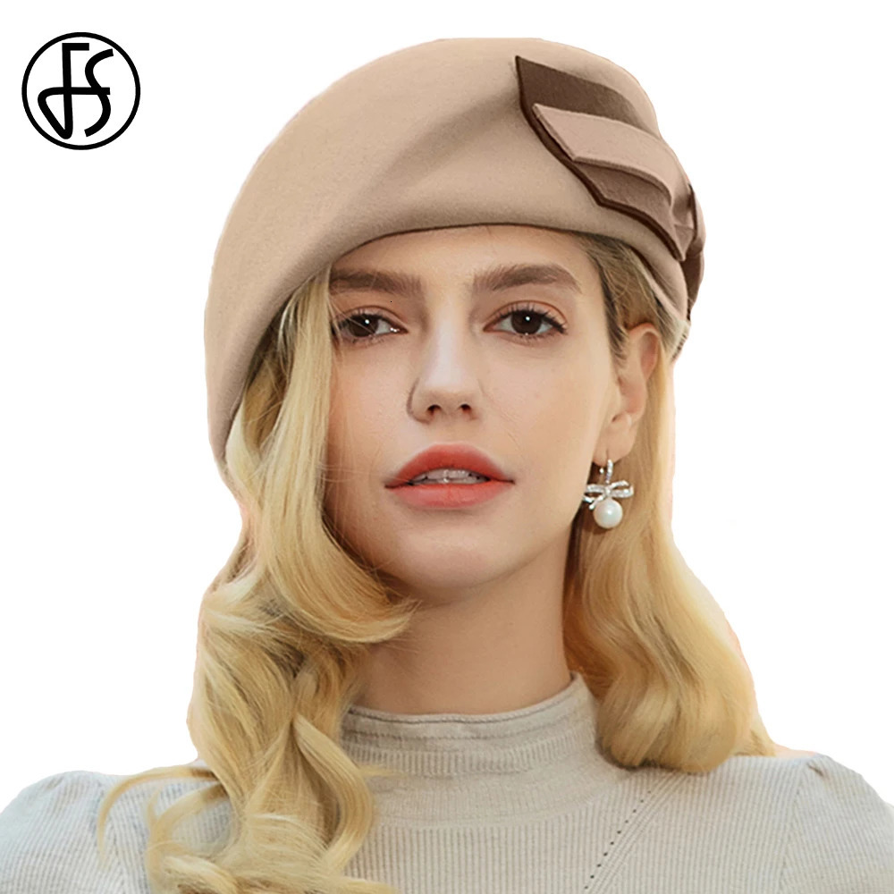 FS Black Beige Beret Cap With Bowknot Vintage Women Pillbox Hat High Quality Wool Fedoras Tea Party Dress Fascinators Hats 251023