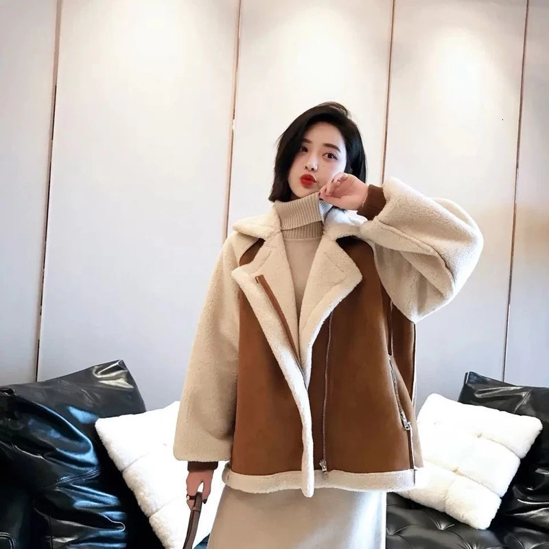 FSMG Women Thick Plush Warm Coat Lamb Wool Sheepskin Faux Suede Zipper Jacket Loose Fur One Piece Winter Fashion Khaki Outerwear 251021