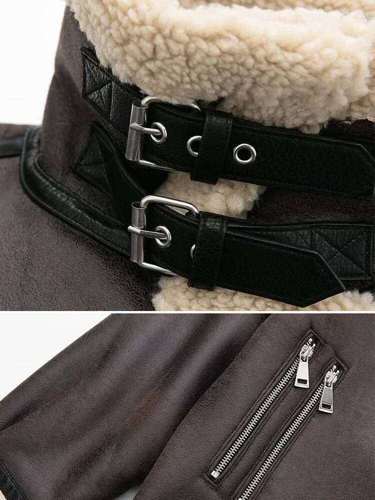 Suninheart Fashion Winter Warm Faux Fur Jacket Women Long Sleeve Moto Biker Zipper Jackets Coat Female Autumn Casual Lapel coat dongdumaoyi