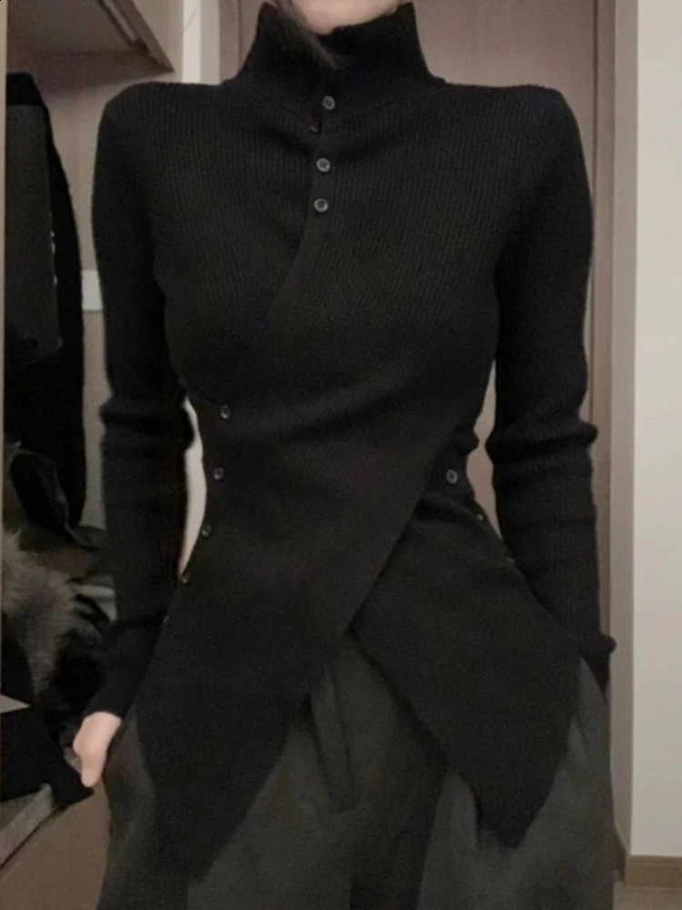 Oversize Irregular Slim Fit Bottoming Sweaters Simple Black Turtleneck Knitted Tops Women Autumn Long Sleeve Cardigan 251020