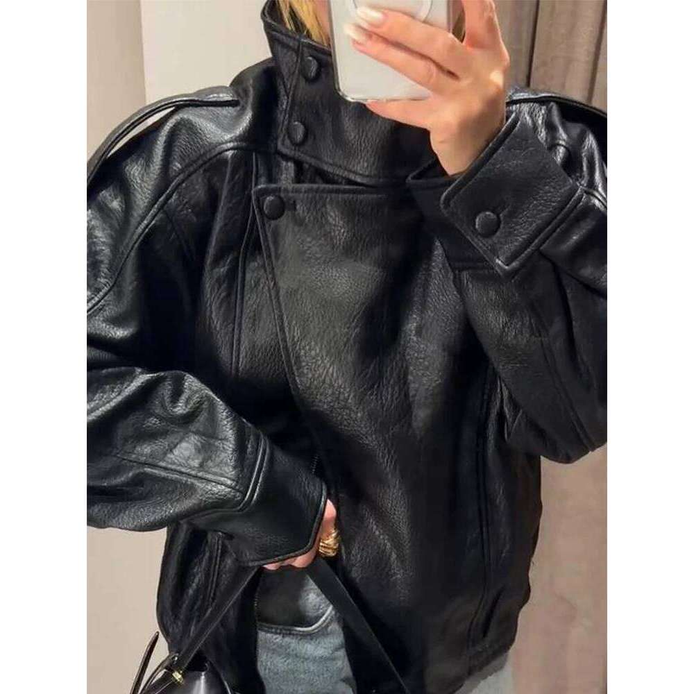 Stand Collar Women S Jacket Full Sleeve Double Button Solid Female Leather Jackets Autumn Fashion High Street Lady Outwears
