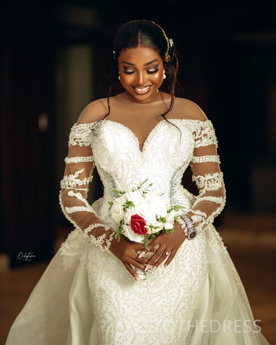 2025 Plus Size African Wedding Dress Bridal Gowns For Bride Mermaid Sheer Neck Detachable Train Illusion Appliqued Beaded Lace Wedding Gowns For Black