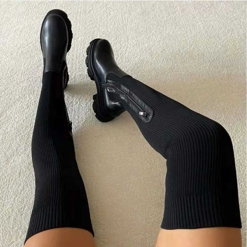Women Thick Sole Boots 2024 Autumn Winter Breathable Knitting Sock Ladies Thigh High Boots Stretch Round Toe Shoes Plus Size 43 W251024