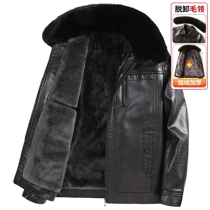 Middleaged and Elderly Mens Leather Jacket with Fleece Lining Thickened Winter Coat for Dad Fur Collar Elderly Mens Wi 251023