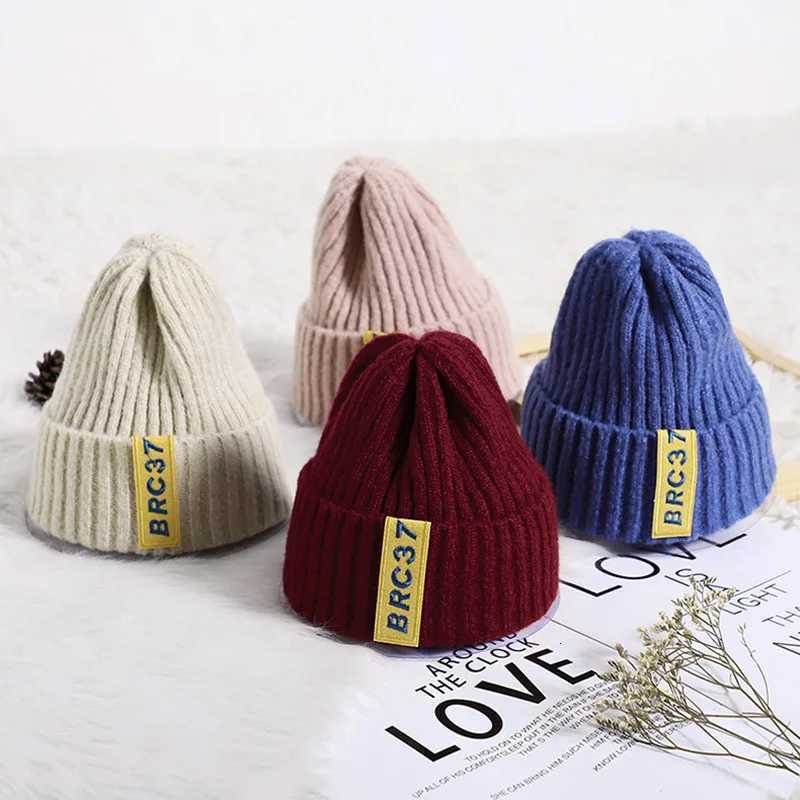 Winter Baby Knitted Hat Solid Color Woolen Crochet Bonnet 16year Children Warm Pullover Cap Fashion Kids Beanie Letter SkullcapL251024