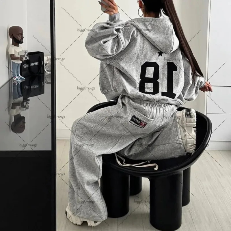 European and American Winter Loose Zipper Hoodie Pants Suit Men Y2k Gothic Punk Retro Oversized Sweatshirt Casual Pant 251018