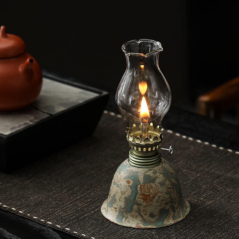 Ceramic Oil Lamp with Adjustable Wick - Vintage Hurricane Lantern for Indoor & Outdoor Use, Desk Decor, Camping Fuel Light (Kerosene Not Included), No