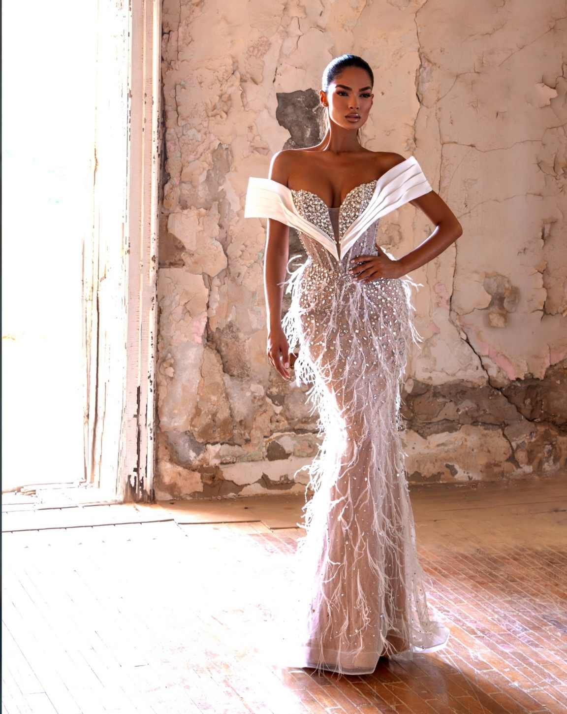 Modern Mermaid Prom Dress Sleeveless Prom Gowns Off Shoulder Beads Feather Sexy Evening Dress vestidos de novia Size Customized Special Occasion Dress