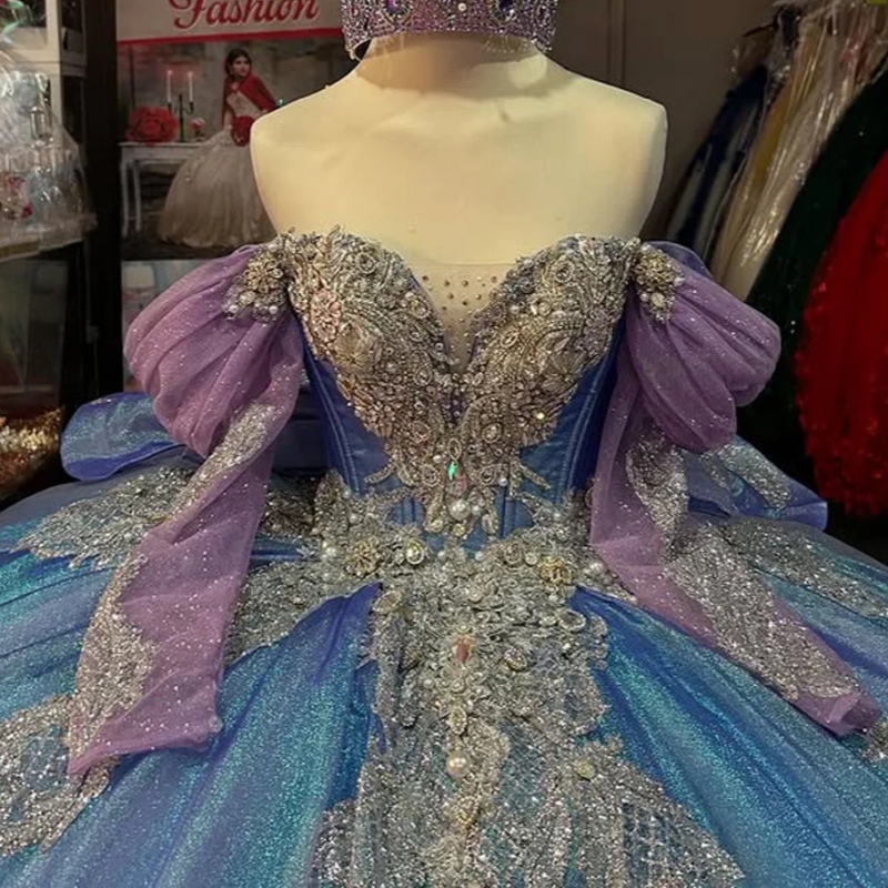 Blue Shiny Off The Shoulder Quinceanera Dresses Lace Applique Beading Crystal Tull Corset Birthday Sweet 16 Dress Vestidos 15 De Anos
