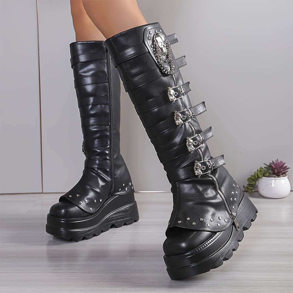 Women's Punk Boots With Thick Platform Wedge Heel Knee-High Mid-Calf Boots, Zipper Closure, PU Cover For Concerts, Halloween, Everyday Gothic Out