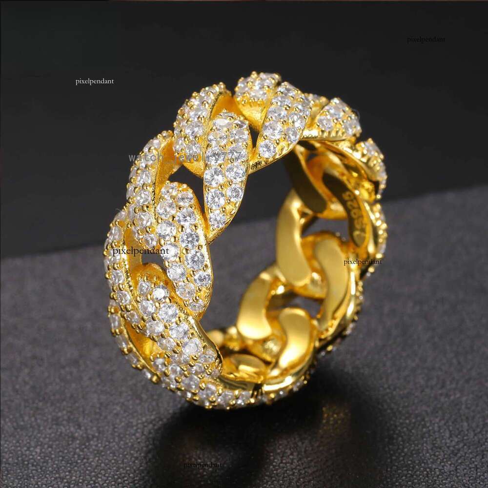 Wholesale Bg Hip Hop Jewelry 9mm Gold Plated Sterg Sier VVS Moissanite Dia Iced Out Cuban Band Ring For Men