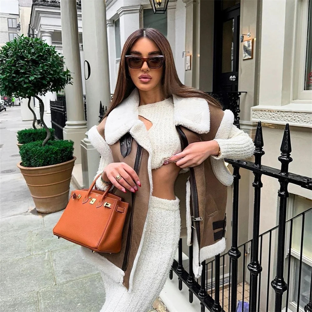 AutumnWinter Product Womens Fashion Casual Polo Neck Zipper Tri Color Fleece Panel Tank Top 251021
