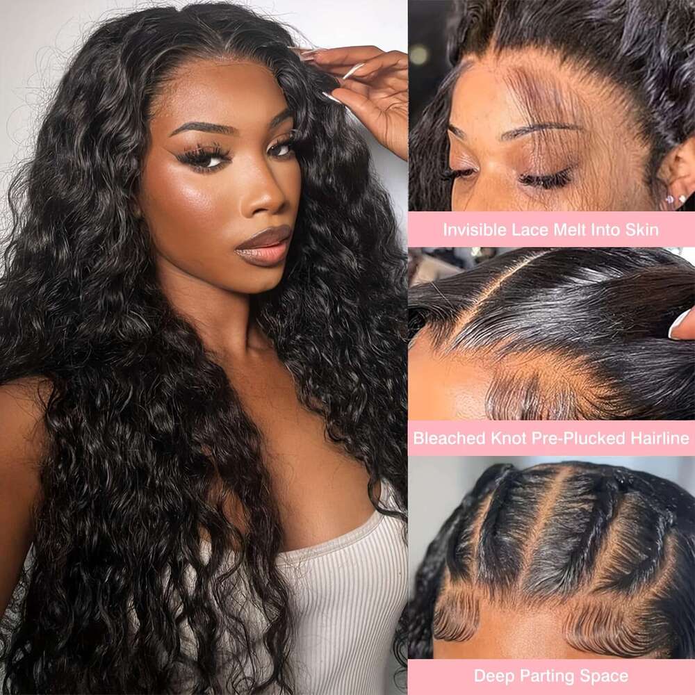 13x6 Wave Front HD Full Lace Frontal Wigs Pre Plucked Bleached Knots 250% Density Deep Curly Human Hair Wig Natural Color 8-36 Inch