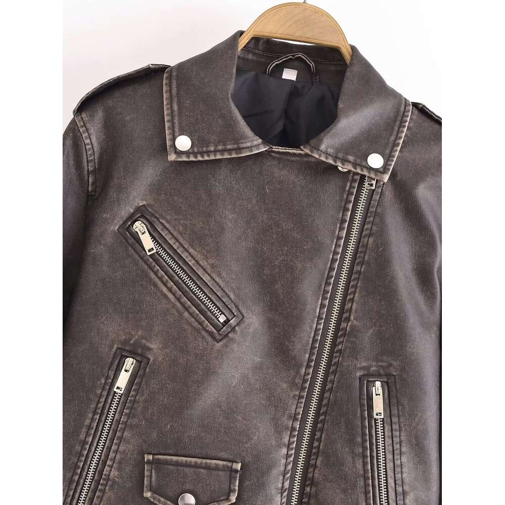 American Cool Spicy Girl Style Lapel Motorcycle Autumn Washed And Distressed Leather Jacket For Women