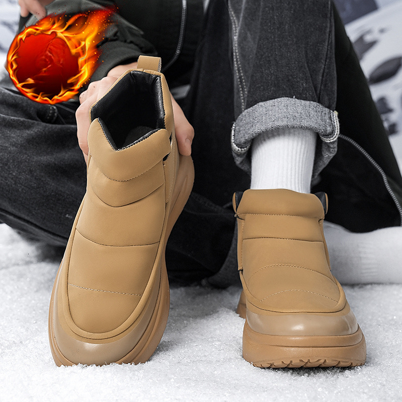 Men's designer fashionable snow boots with high top, low cut, smooth leather surface, wool lining, thick insulation shoes, thick wool winter men&