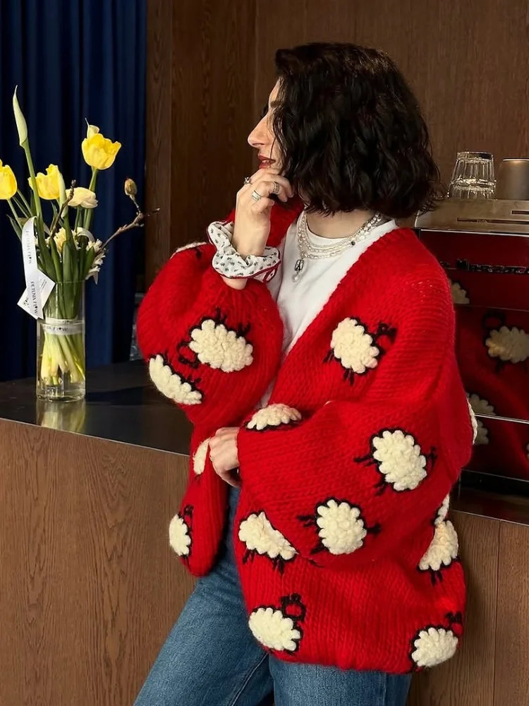 Lantern Sleeve Embroidered Sheep Loose Women Cardigan VNeck Chunky Knit 2025 Autumn Playful Cute Coat Causal Chic Lady Sweater 251013