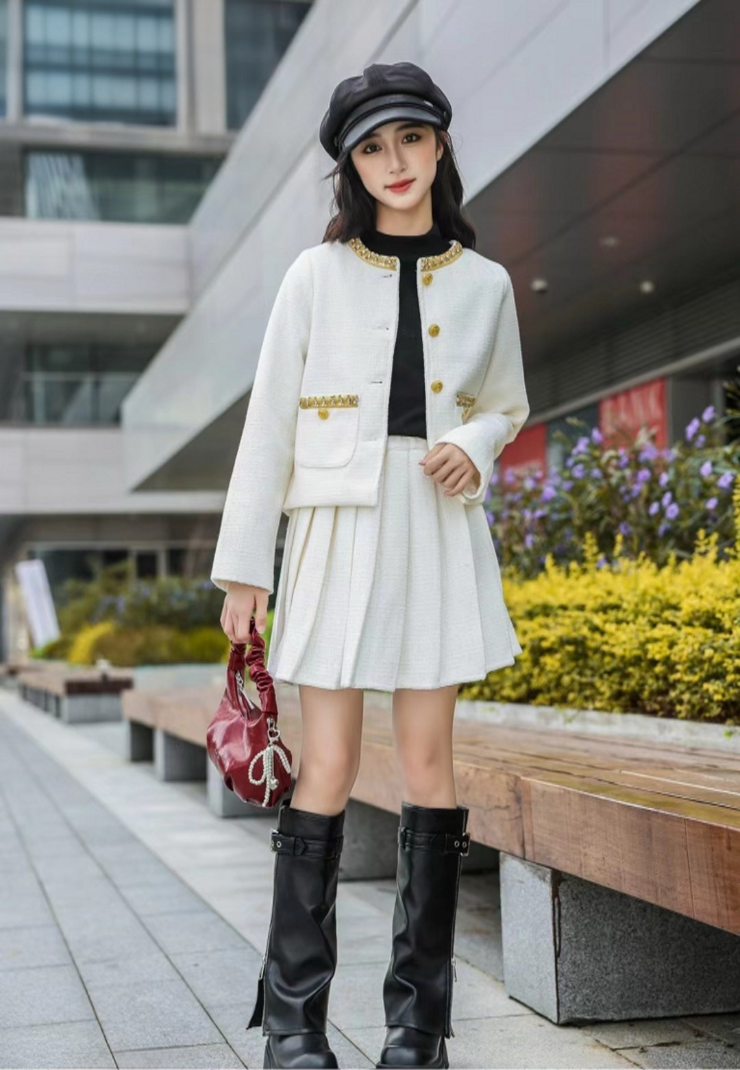 Girl designer fashionable autumn and winter set new children's pleated skirt wool lining fashionable red two-piece set New Year's set