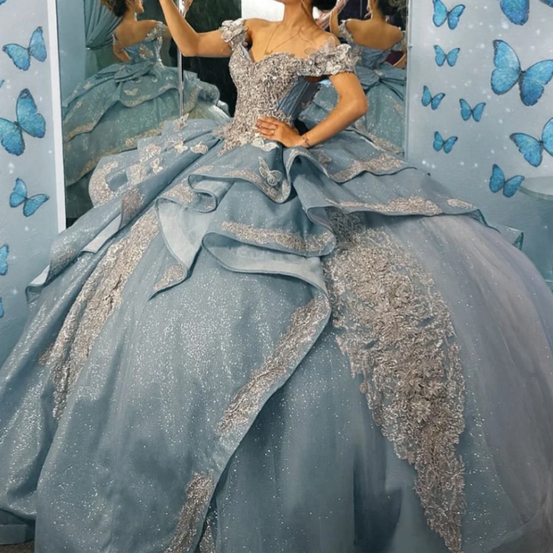 Light Blue Princess Ball Gown Quinceanera Dresses Beads Appliques Crystal Gems Birthday Party For 15th Girls