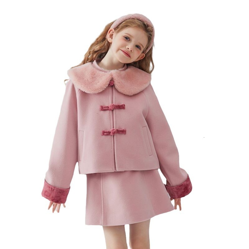 Girl Winter Designer Fashion New Wool Pink Set Dress Fashion Collar Jacket Fashion Set