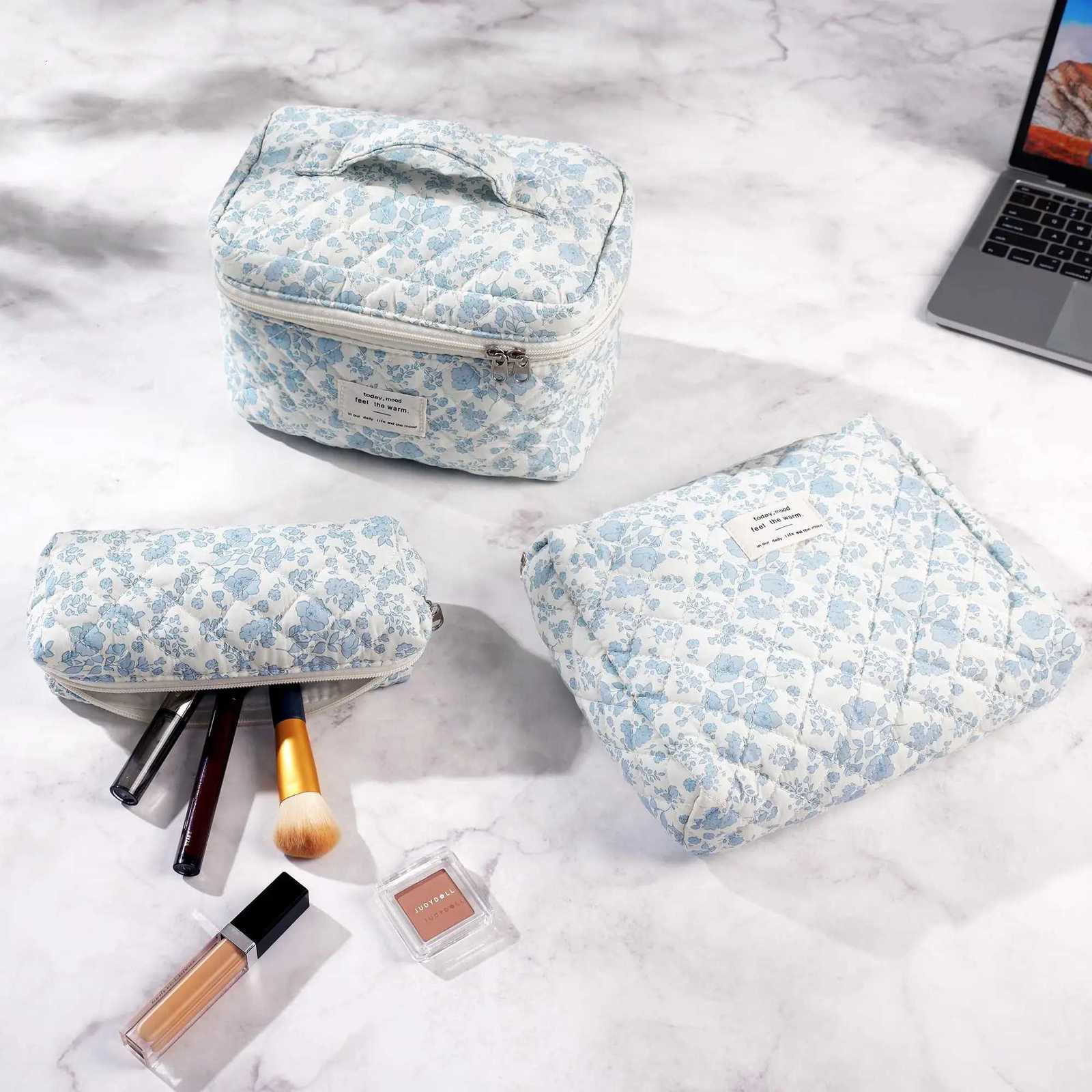3Pcs Cotton Quilted Makeup Bag Set Women Zipper Cosmetic Organizer Female Cloth Handbag Portable Toiletry Case for GirlsT251024
