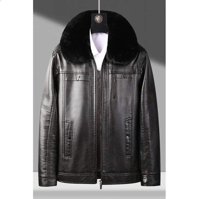 Middleaged and Elderly Mens Leather Jacket with Fleece Lining Thickened Winter Coat for Dad Fur Collar Elderly Mens Wi 251023