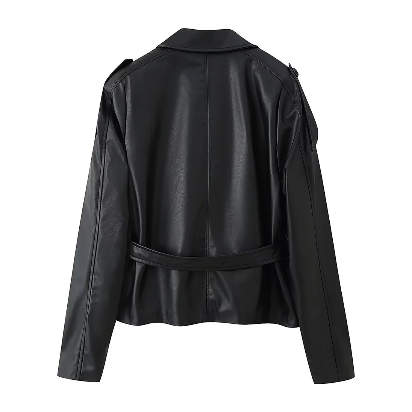 Woman Autumn Faux leather Jacket Solid TurnDown Collar Long Sleeves Pocket Belt SingleBreasted Female Streetweer Coats 251020