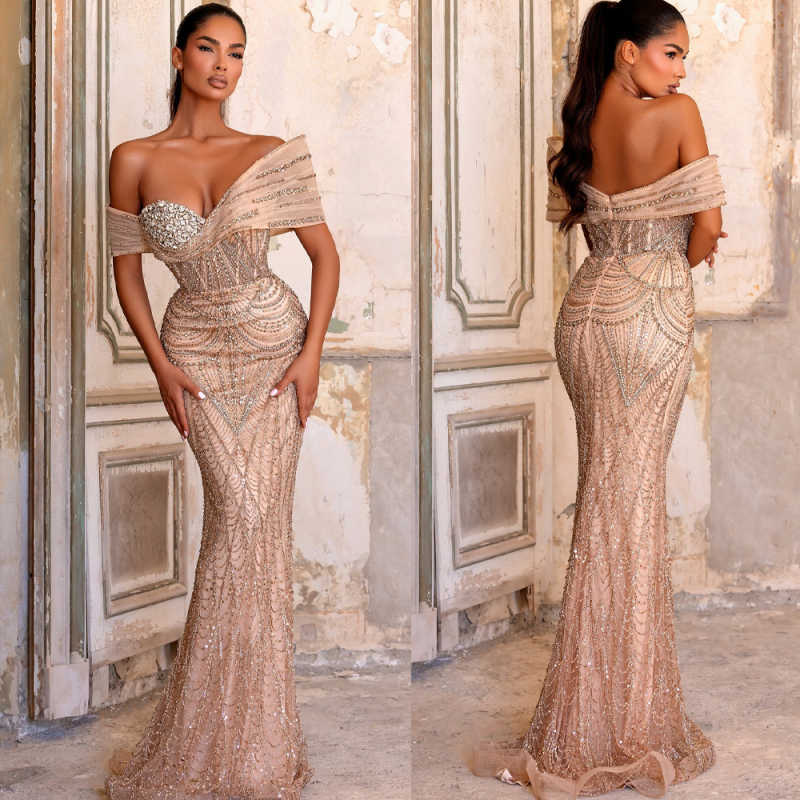 Sexy Mermaid Evening Dress Sleeveless Prom Gowns Off Shoulder Beads V-Neck Modern Prom Dress vestidos de novia Size Customized Robes De Mariee L252795