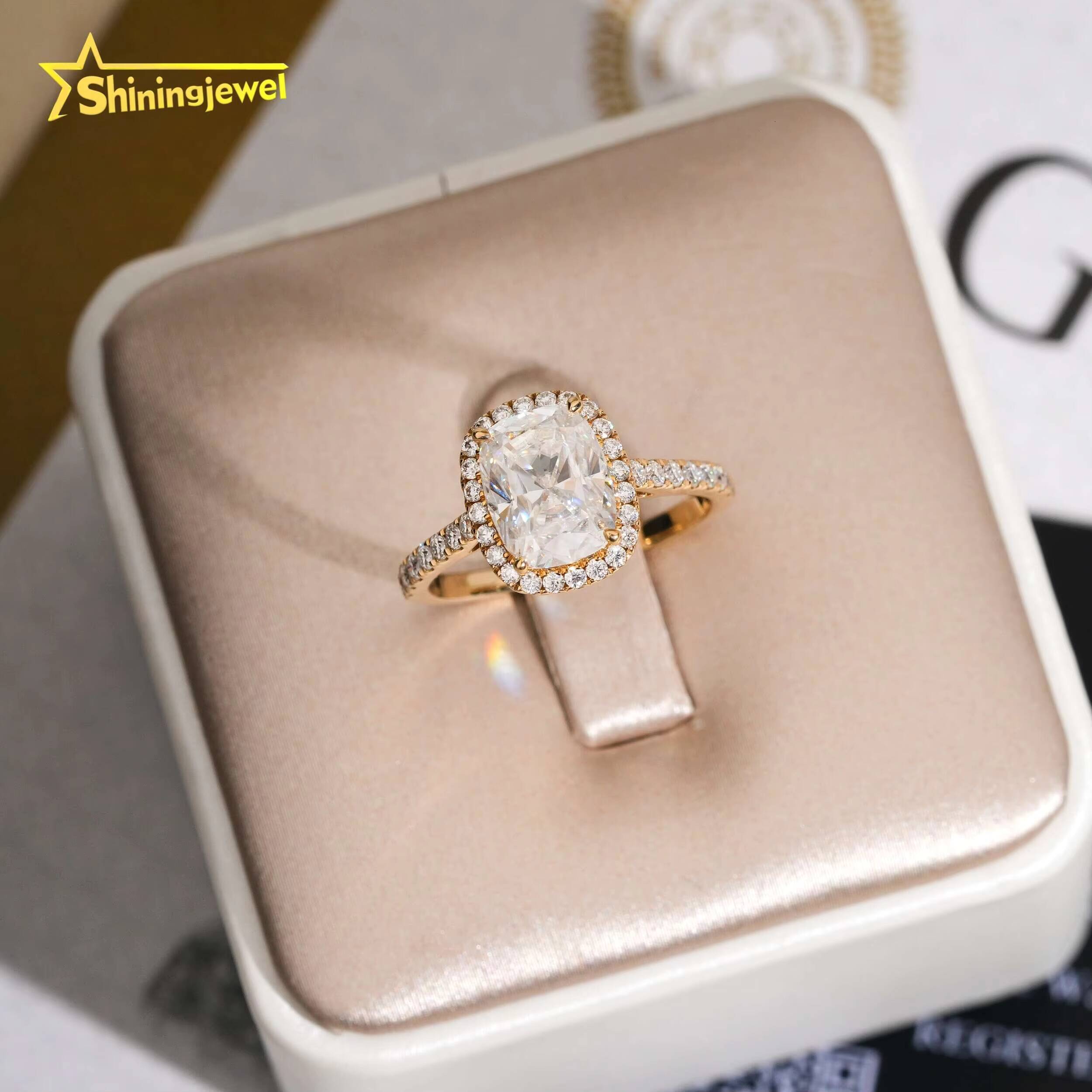 14k Solid Gold Engagement Wedding Pass Diamond Test Long Cushion Cut Moissanite Lab Diamond Cluster Design Ring for Women