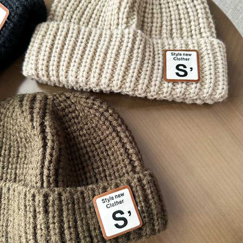 Letter S Baby Beanie Cap Winter Warm Wool Knitted Hat for Toddler Boy Girl Korean Solid Color Kids Brimless HatsL251024