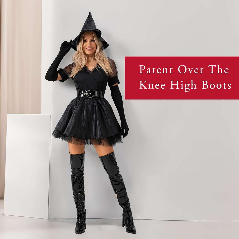 Thigh For Women Sexy Pointed Toe Over The Cosplay Dance Party Patent Chunky Heels GOGO Knee High Boots