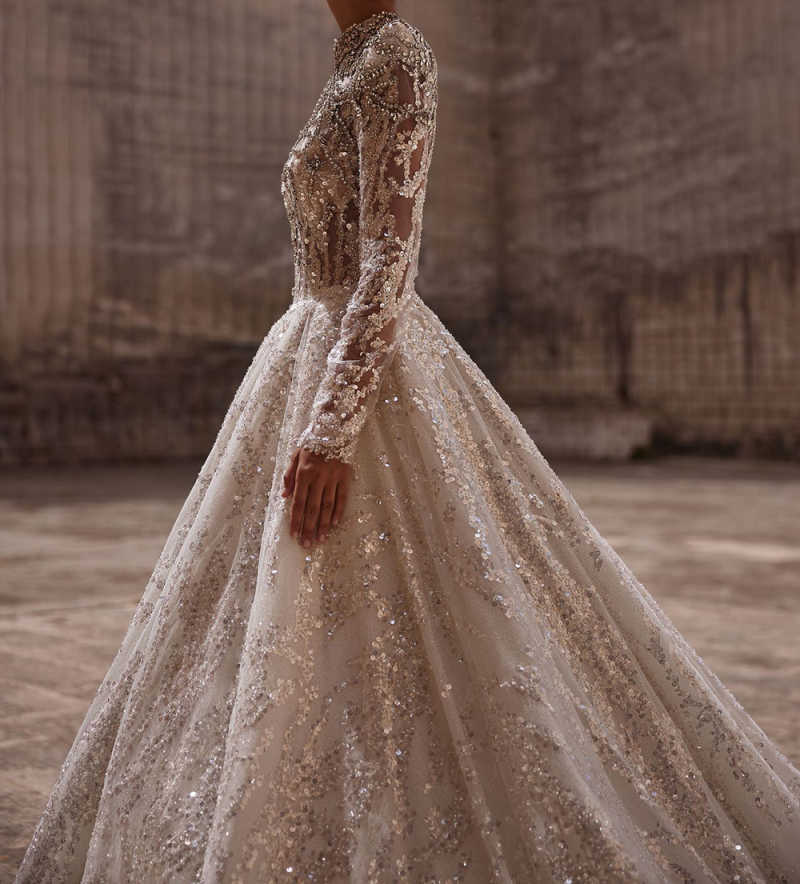 Amazing Ball Gown Wedding Dresses High Neck Long Sleeve Lace Crystal Sequined Royal Custom Made Bridal Gowns Vestido De Novia