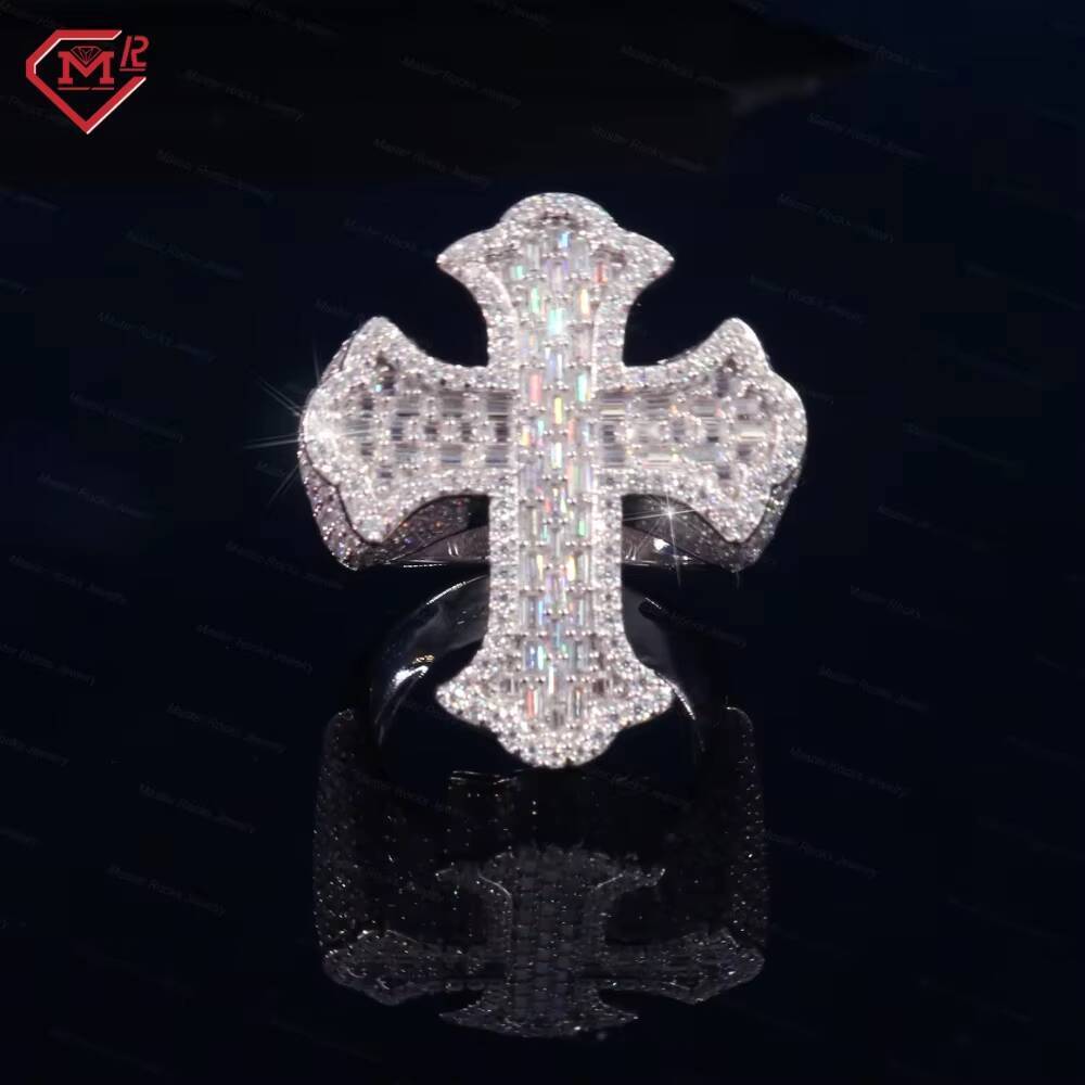 Gra Certificates Moissanite Cross Ring Men Hip Hop Baguette 925 Sliver Vvs Iced Out Moissanite Rings