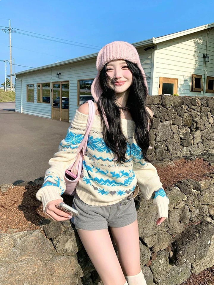 Sweet Jacquard Knit Sweater Women Slash Neck Off Shoulder Long Sleeve Pullovers Vintage Striped Print Korean Harajuku Jumpers 251023
