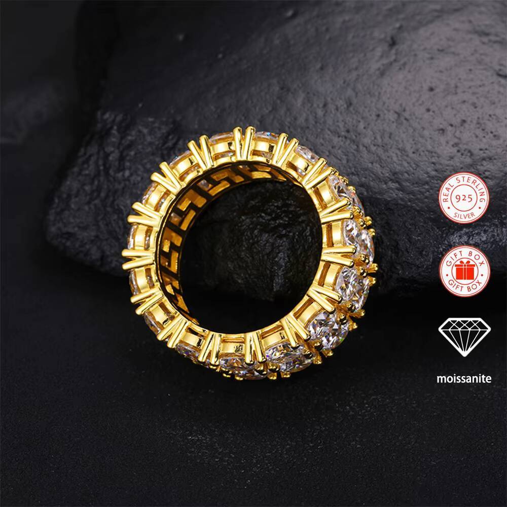 1pc Inlaid Moissanite Ring for Men 18K GoldPlated S925 Sterling Silver Ring Hiphop Style Ring
