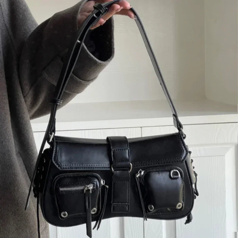 Women Black Grunge Shoulder Bag Korean Pu Leather Y2k Handbag Gothic Underarm Bags Aesthetic Punk Wallet Purse Motor Style 2024 251023
