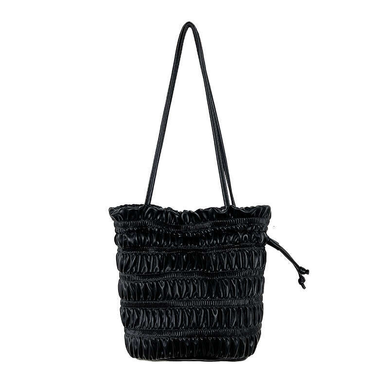 Korean Niche Wrinkled Soft Leather Elegant Shoulder Women's Casual Drawstring Lazy Style Handheld Bucket Bag B5