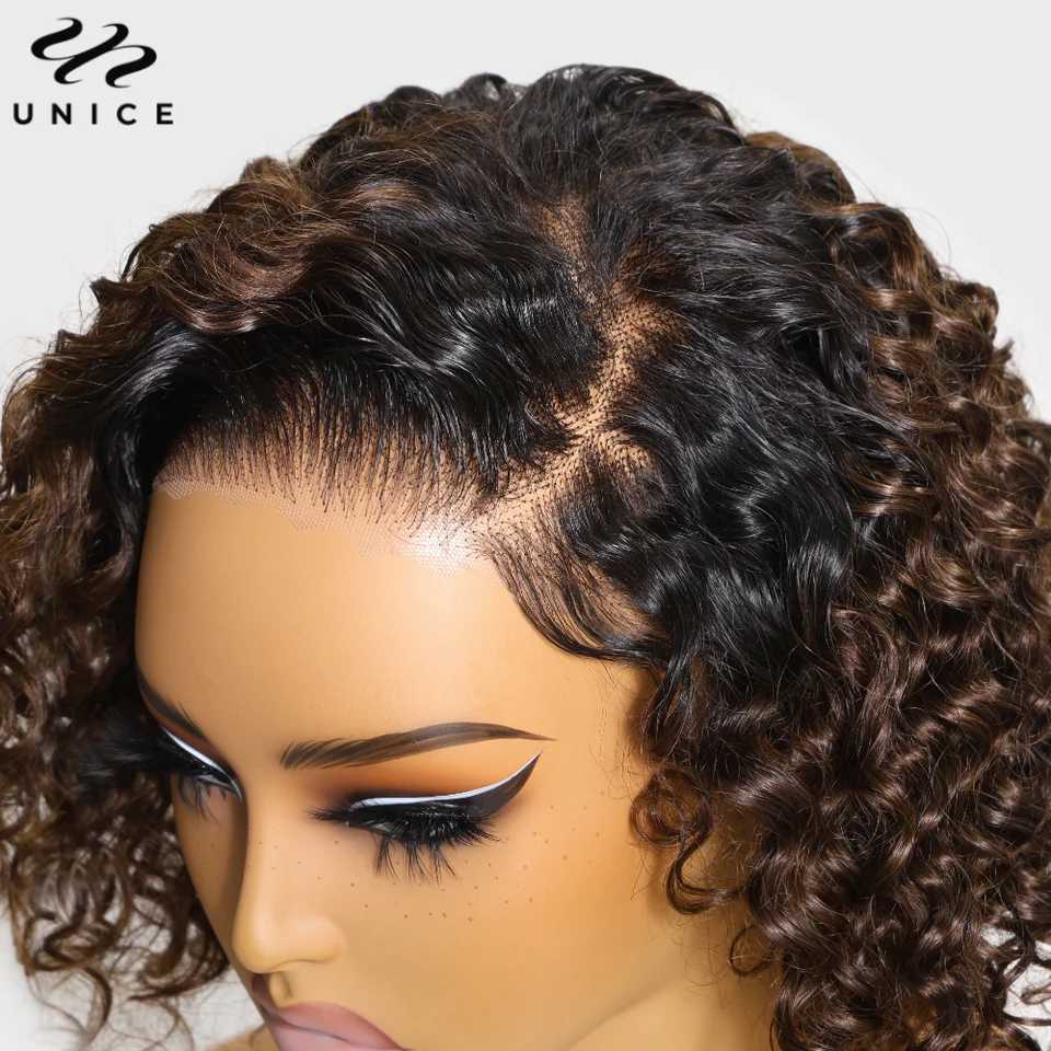 UNice Hair Ombre Brown Curly Bob Wig Human Hair 7x5 Pre Cut Lace Glueless Wig Ready To Wear Side Part Short Curly Wigs for Women W251023