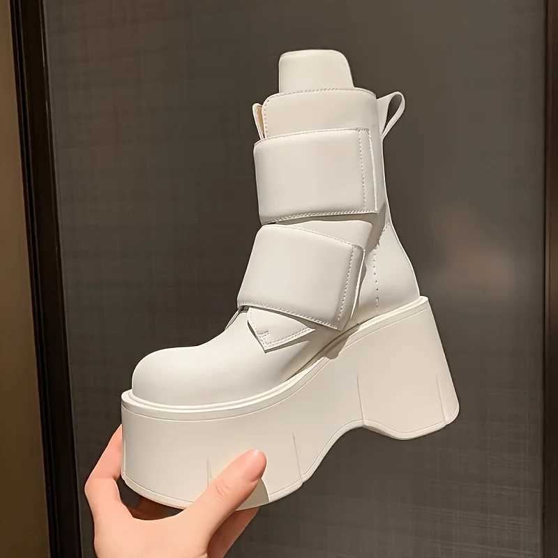 Womens black thicksoled platform ankle boots round toe slipresistant high heels with adjustable straps and soles W251024