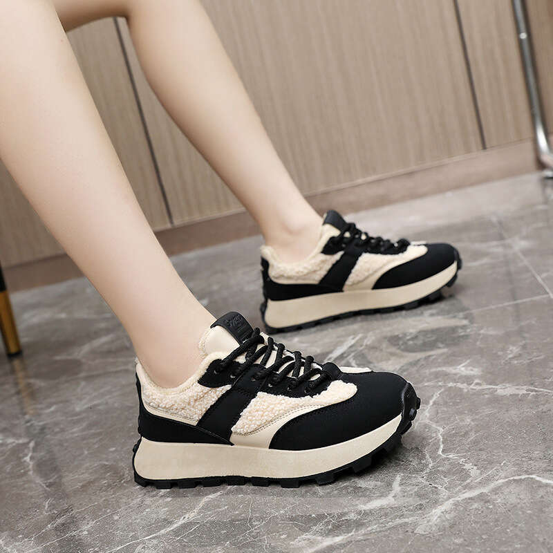 New Women's Winter Lamb Wool Thick Sole Height Increasing Warm Cotton Shoes Color Block Casual designer sneakers