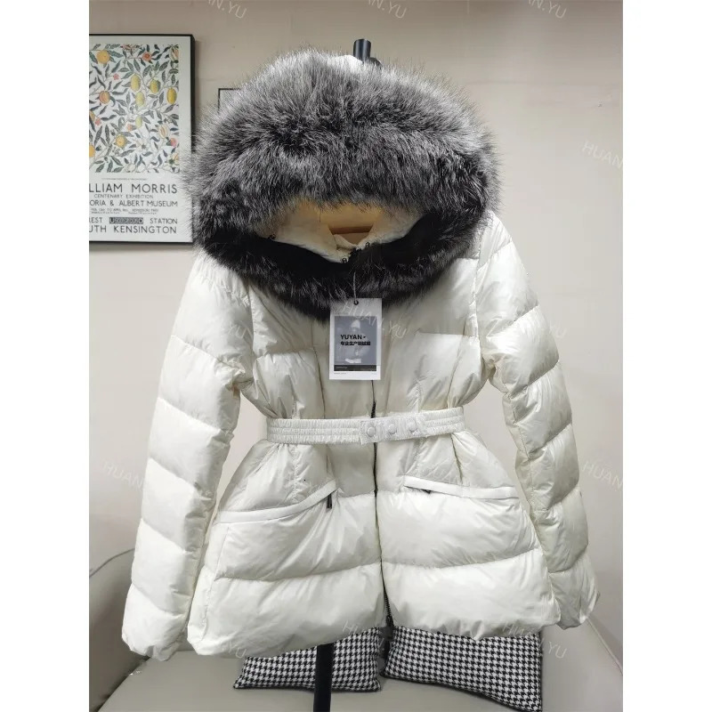 Womens Models Fall Winter Tops Coat Down Jacket Hooded Waisted Fox Fur Collar White Duck Down Innerwear Round Collar Warm Soft 251024