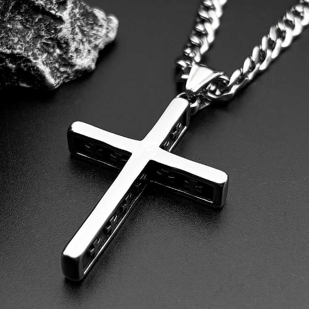 HNSP 316L Stainl Steel 3D Cross Pendant Chain Necklace For Men Religious Jewelry AccoriesXJ251024