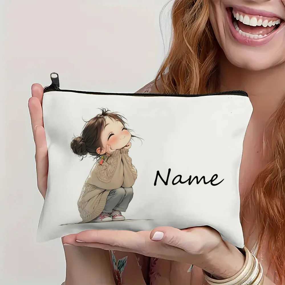 Custom Name Vintage Cute Girl Pattern Makeup Bag Handbag Toiletry Bag Pencil Case Holiday Gift Cosmetic BagT251024