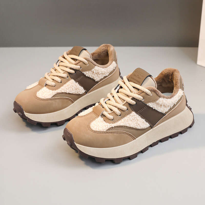 New Women's Winter Lamb Wool Thick Sole Height Increasing Warm Cotton Shoes Color Block Casual designer sneakers
