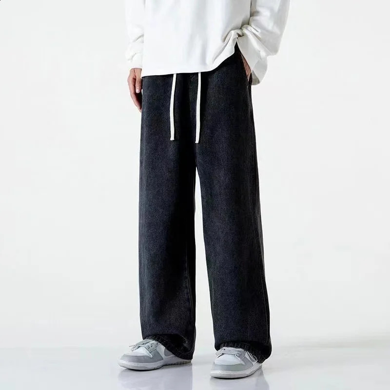 Fashion Mens Solid Color Drape Jeans Loose Straight Korean Vintage High Street Hiphop Casual Daily Dragging Wideleg Pants 251018